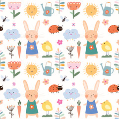 Springtime seamless pattern, decorative seasonal wallpaper, background with cute specific elements
