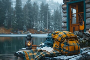 A warm blanket and book by a lantern on a wooden porch with snowfall, evoke a cozy, tranquil retreat by a mountain lake lodge