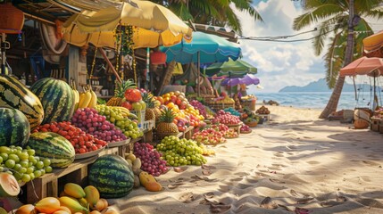 Fruit market with exotic fruits on a seaside - obrazy, fototapety, plakaty