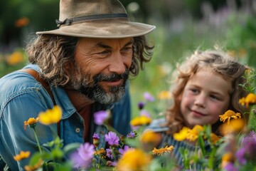 A father and child happily explore a garden, surrounded by colorful flowers in full bloom