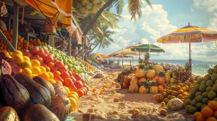 Fruit market with exotic fruits on a tropical beach with the ocean and palm trees on background. Island vibes