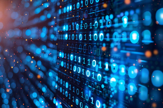 Blue binary code on dark background with light bokeh