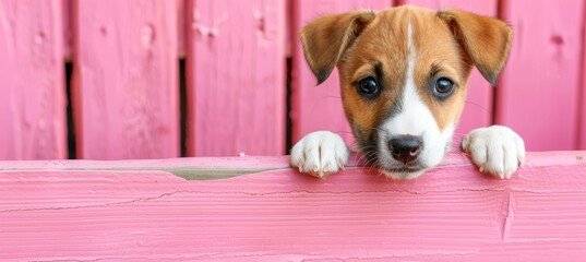 Curious puppy peeking over pink wooden background, cute dog looking out with copy space for text