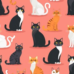 Fototapeta premium Seamless Pattern of Different Types of Cats on Pink Background