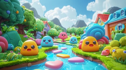 Fototapeta premium Colorful cartoon creatures in a playful, vibrant village with candy-like trees.
