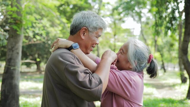 Elderly couple standing and hugging each other in the garden They smile happily. Living happily in retirement. Health care. Elderly society