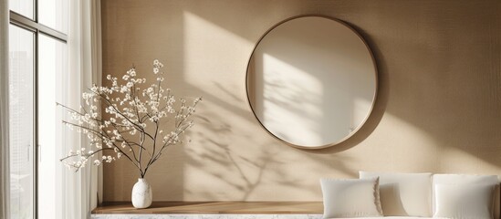 Beige wall with a marble-framed mirror mockup.