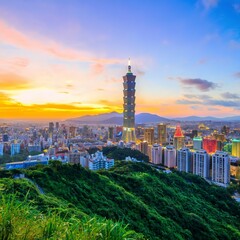 Taipei, Taiwan city skyline at sunset from view of Taipei City, make a hike to the top of Elephant Mountain