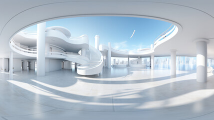 Futuristic white building interior in 30 degree VR - obrazy, fototapety, plakaty