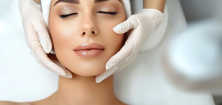 Beauty Treatment: Aesthetician Evaluating Female Client's Skin.