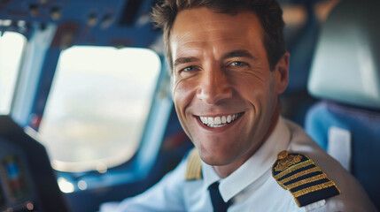 Portrait of a smiling airline pilot with arms crossed in front of an airliner welcoming passengers on board - obrazy, fototapety, plakaty