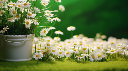 Gardening concept with white chamomiles on green grass