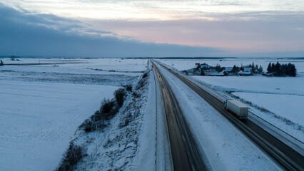 Drone photography of highway in a rural scene during winter morning