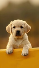 Curious puppy with paws up peeking over yellow wooden background, space for text placement.