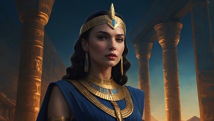 An Egyptian Pharaonic queen standing in front of her palace