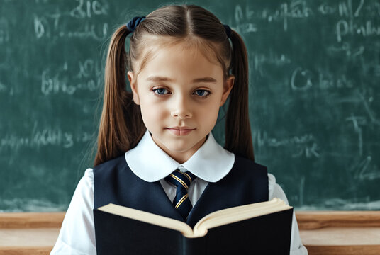 Cute first grader girl in school uniform reading book at blackboard in classroom, interesting. Adorable child schoolgirl with book posing inside. School learning, education concept. Copy ad text space