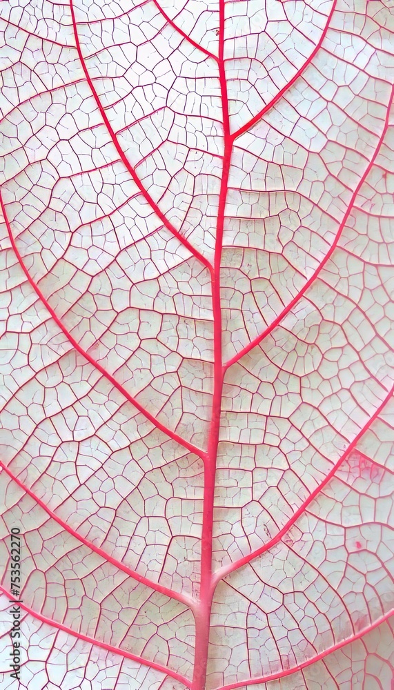 Poster macro shot capturing red leaf skeleton texture for background design and decoration purposes.