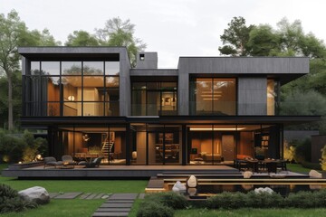 A modern house facade characterized by clean lines, expansive glass windows, and a sleek metal finish