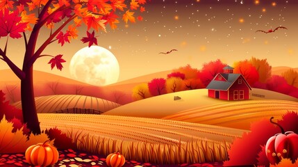 Autumn harvest moon over rustic barn, stars, bonfire, and ripe crops in rural landscape - obrazy, fototapety, plakaty