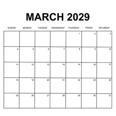 march 2029 calendar. week starts on sunday. printable, simple, and clean vector calendar design.