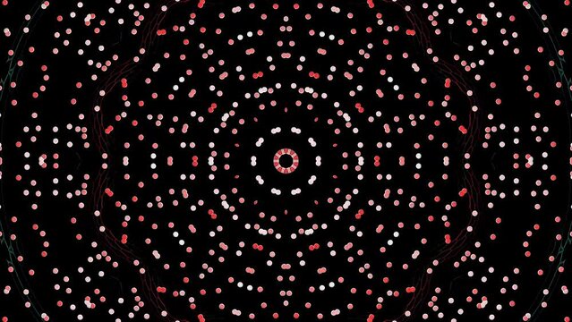 Abstract Kaleidoscope pattern with red colors. Magic mandala. 4k Abstract background moving stripes and flashing with shining light dots. Animation with circles	