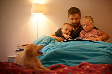 Night, children or father reading book in bed for learning, education or storytelling at home with...