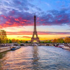 Fototapeta na wymiar Twilight scene from Paris Seine River with fantastic colors during sunset.