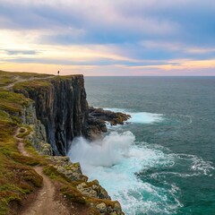 Fototapeta na wymiar Tourists go on a dangerous path. A cliff above the sea with a narrow coastline