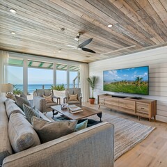 Tranquil beachfront villa cinema linen seating shiplap walls 110-inch 4K TV screen marine-grade audio