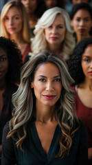 Obraz premium A group of different women standing together. The camera focuses on the first person