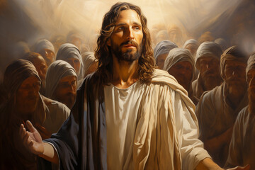 Painting of Jesus Christ together with the disciples and the crowd in prayer to the Father