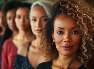 Fototapeta premium A group of different women standing together. The camera focuses on the first person