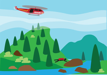 Helicopter Rescue Operation on a Foggy Day for a Hiker Lost in the Forest. Editable Clip Art.