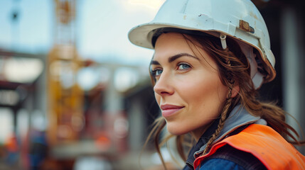 Woman manager wearing a construction helmet at a construction site, industrial enterprise.