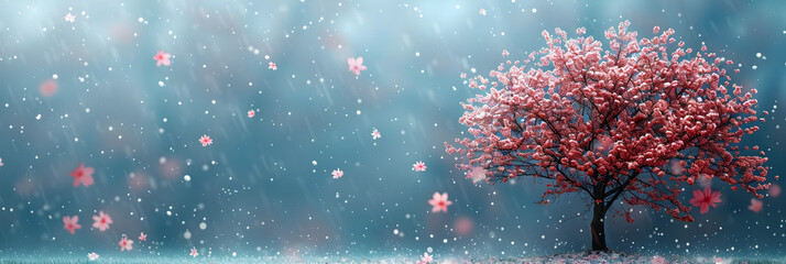 Snow Falling on a Spring Blossom ,
Beautiful floral spring abstract background of nature Branches of blossoming