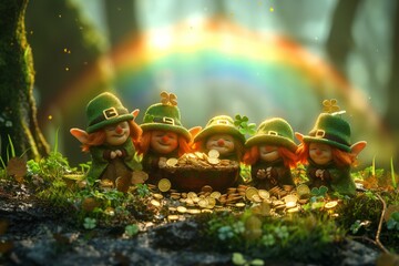 Magical leprechauns with pot of gold in enchanted forest - obrazy, fototapety, plakaty