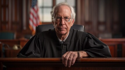 Mature male judge poses seriously in a courtroom setting - obrazy, fototapety, plakaty