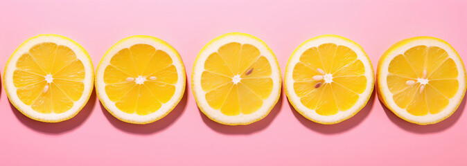 Five fresh lemon halves arranged in a row on a striking pink background, their vibrant yellow adding a pop of color to the zesty still life.