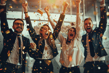 Cheerful Business Team Celebrating Success with Confetti