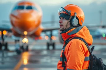 Foto op Plexiglas Ground crew in vibrant safety gear readying airplane at twilight © Georgii