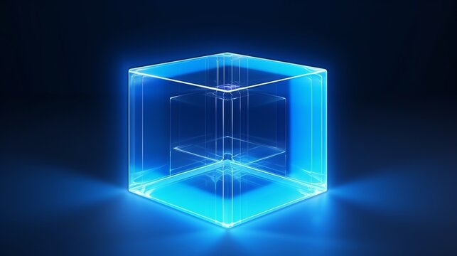 A glowing blue neon cube, representing a futuristic box or block, shines as a laser cube against a transparent background.