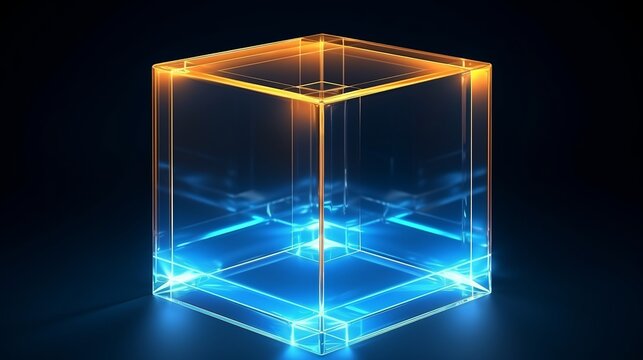 A glowing blue neon cube, representing a futuristic box or block, shines as a laser cube against a transparent background.