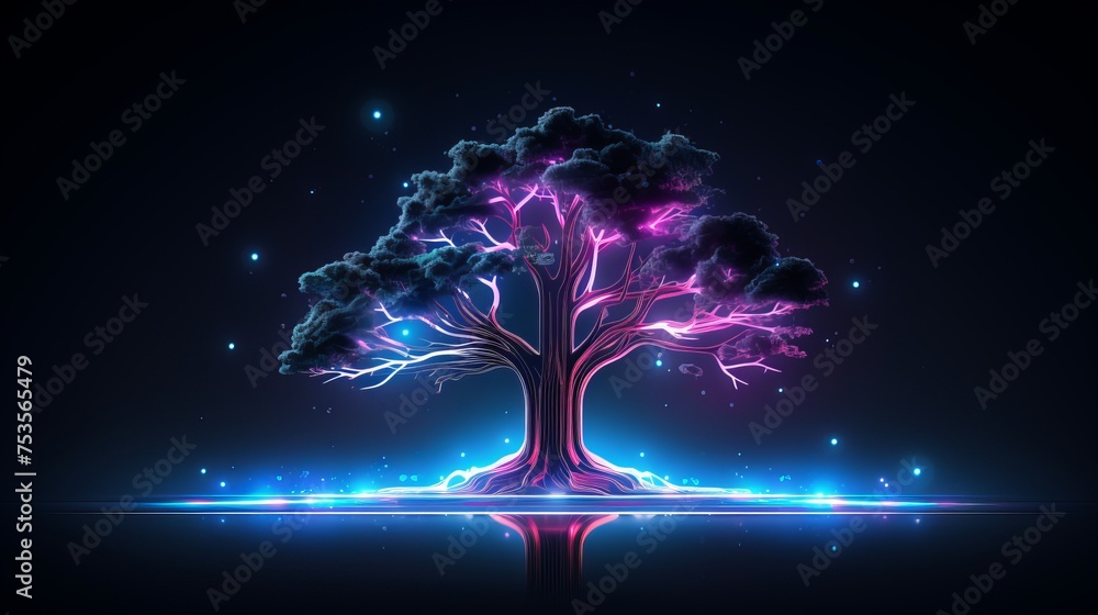 Wall mural A holographic neon tree creates a futuristic technology background, offering a unique visual appeal. - Wall murals