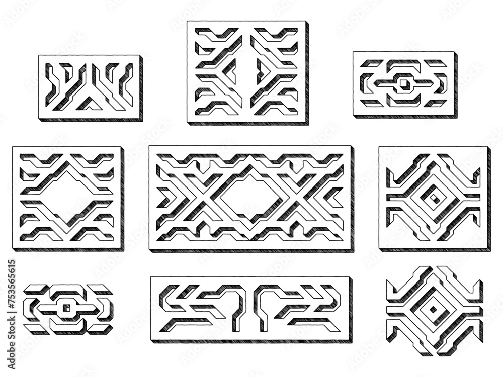 Poster abstract panels with cut-out futuristic symmetrical motifs in three-dimensional sketch style