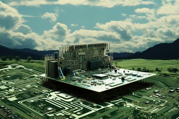 the juxtaposition of nature and technology, with a detailed focus on a plant delicately positioned atop a circuit board.