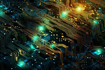 the juxtaposition of nature and technology, with a detailed focus on a plant delicately positioned atop a circuit board.