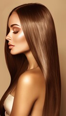 Elegant brunette with long hair on dark background   hair product ad concept   beauty and health