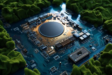 Fototapeta premium the juxtaposition of nature and technology, with a detailed focus on a plant delicately positioned atop a circuit board.