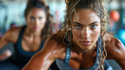 Determined Women Focused During a Fitness Workout - obrazy, fototapety, plakaty