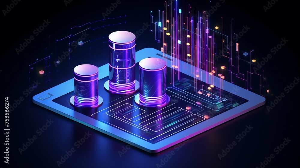 Poster an isometric vector illustration portrays smart data processing, information analysis, and statistic